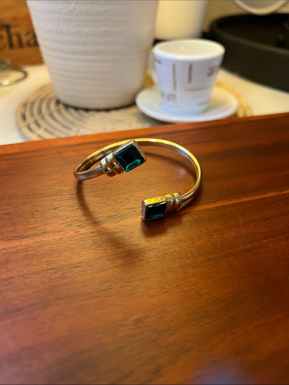 Gold Cuff Bracelet with Emerald Green Stones - Women Jewelry
